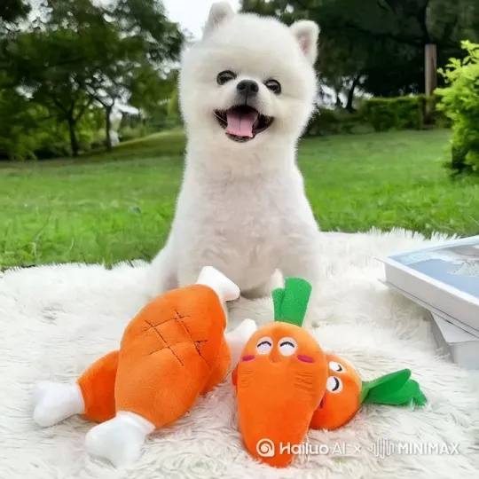 帮我生成博美玩这个胡萝卜玩具很开心的视频 by Hailuo AI Video Generator