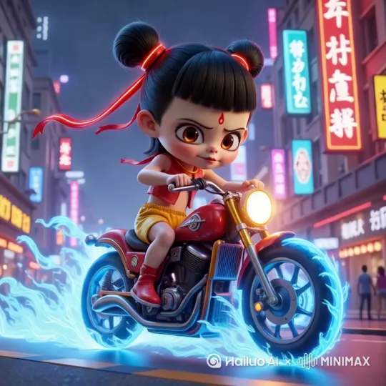 环绕镜头展示360度炫技骑行，穿插特写：哪吒wink by Hailuo AI Video Generator