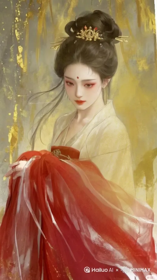 帮我修改下面是我提供一下方案 【发饰升级方案】 1. 层次强化：在现有金色发簪基础上增加步摇元素，添加悬挂珍珠/红玛瑙的流苏，发髻后方可延伸出两条飘逸的丝质发带 2. 纹样叠加：在发簪主体部分雕刻凤凰或缠枝花纹，簪头镶嵌椭圆形翡翠作为视觉焦点 3. 材质碰撞：将部分纯金饰品替换为点翠工艺的蓝色装饰，形成红-金-蓝三色互补 【画面感强化方案】 ▶ 空间重构 - 在人物后方2/3处添加半透明屏风，绘制水墨山水与现有金色背景形成虚实对比 - 地面增加光效涟漪，模拟月光透过窗棂洒落的效果 ▶ 色彩增强 - 将背景金黄色的明度降低15%，在人物轮廓边缘增加暖色光晕（RGB 255,230,190） - 衣袍红色改为朱砂红（CMYK 0,90,80,10）并添加2%的金丝暗纹 ▶ 动态元素 - 在人物左后方飘散3-5片银杏叶，采用运动模糊处理 - 发饰流苏和衣带添加微风拂动的曲线轨迹 by Hailuo AI Video Generator