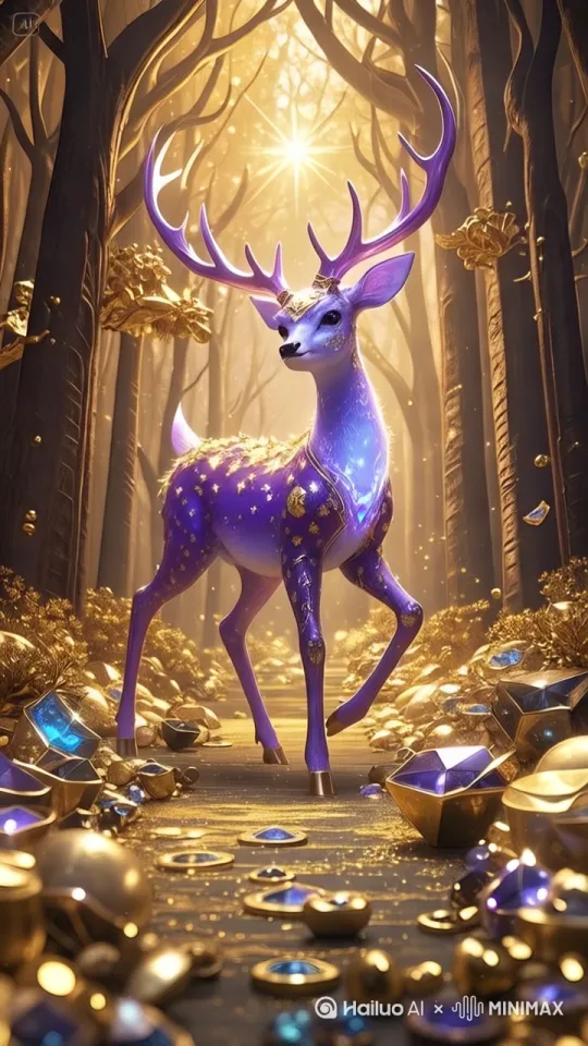 画面正中央，一只宛如梦幻之境使者的紫色梅花鹿优雅伫立。它的周身散发着柔和而神秘的光芒，每一寸毛发都似被精细雕琢，闪烁着黄金般璀璨的光泽，那光芒如同流动的星河，梦幻且迷人。它灵动的双眸清澈明亮，小巧的鼻子俏皮可爱，微微扬起的脑袋带着几分天真与高贵。 以它为中心向四周铺展开去，道路上满是堆积如山的金银珠宝，珍珠散发着温润的光泽，宝石闪耀着艳丽的色彩，仿佛一条由财富铺就的梦幻之路。整个画面洋溢着极致奢华的氛围，这只吉祥的梅花鹿仿佛带着好运与财富，即将馈赠给每一位看到这幅画面的人。 by Hailuo AI Video Generator