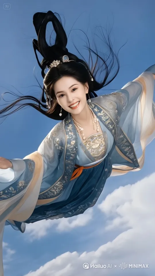向画面前方飞去，身体成俯卧状态，往天空飞行，风吹动着头发和衣服，摄像机镜头跟着人物移动 by Hailuo AI Video Generator