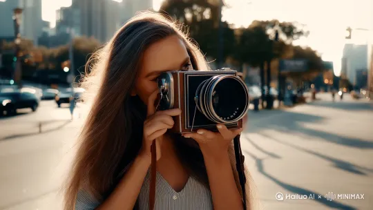 Photographs were taken with a large format film camera by Vivian maier. It was in the morning, a long-haired American woman in her 20s or 30s. by Hailuo AI Video Generator