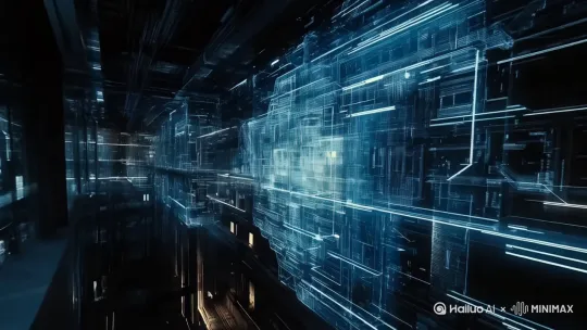 高科技的亮线在透明发光并不断变换颜色的建筑轮廓线上有规律的游走[左移,右摇,跟随]，赛博风格，诺兰导演 by Hailuo AI Video Generator