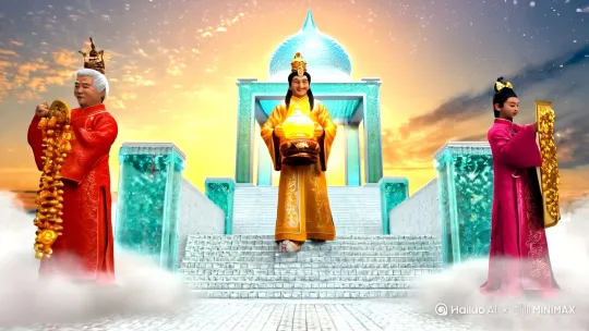 晨光破晓,金雪纷扬。琉璃宫殿悬浮云端,汉白玉阶流淌鎏金光晕。三位财神踏祥云徐步而来:中央蟒袍鎏金,掌托元宝绽太极流光;左侧老者紫檀杖点地,金算盘珠自鸣吉兆;右侧青年展玉轴,篆文化作金蝶飞舞。衣袂拂过处,琉璃瓦泛起《千里江山图》数字涟漪。三人含笑抬手,元宝轰然迸发金色光潮,漫天红包化作立体书法“财满乾坤”,穹顶骤现星空漩涡洒落翡翠雨 by Hailuo AI Video Generator
