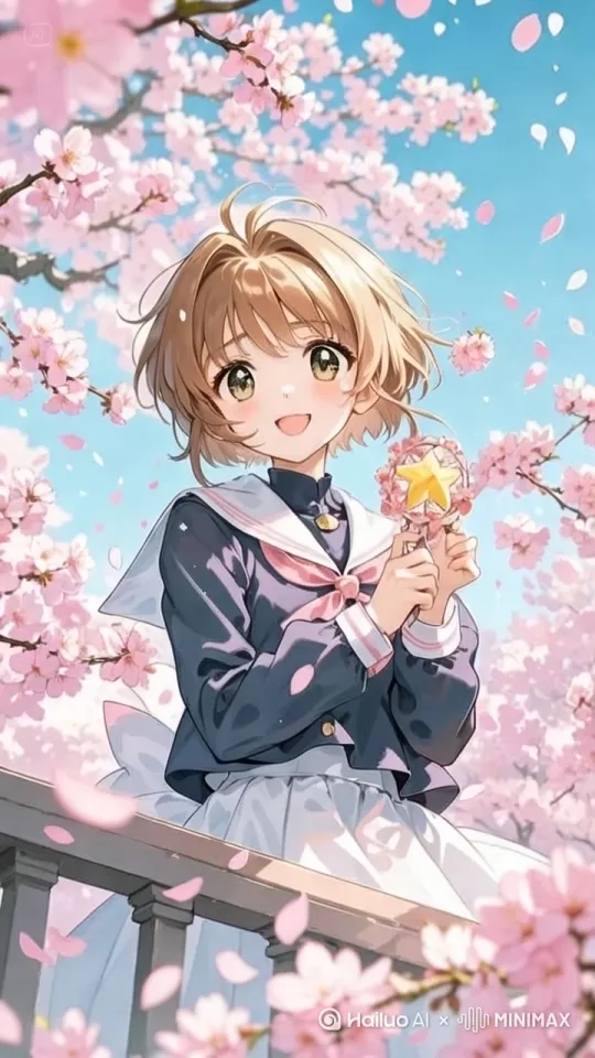 樱花再空中飘落，少女眨了眨眼 ，裙子迎风轻轻的摆动，镜头由下往上，慢慢的拉近 by Hailuo AI Video Generator