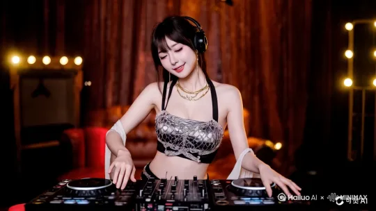 一位穿着汉服有点露胸的美女在DJ房里，用手打着碟片机，DJ房很高档，美女边打碟边轻步跳着小舞，头部也同时有节拍的点着头，手指也要有序的打着碟片机，背景加点七彩霓虹灯，加点小烟雾，若隐若现的样子 by Hailuo AI Video Generator