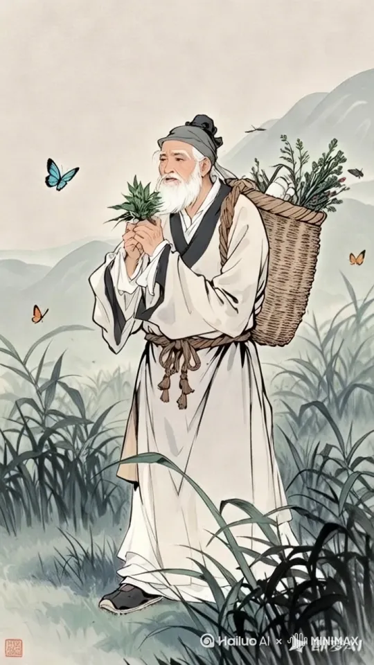 [右移,左摇,跟随]主体边走边尝百草，面容祥和， 自然顺滑 by Hailuo AI Video Generator
