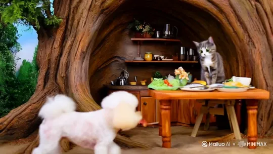一只似人化的可爱猫在巨大树干的空洞中，他坐在厨房餐桌旁吃早餐，比熊拿起盘子里的鱼大口的吃进嘴里，动作自然流畅，电影质感，电影效果。[右移,左摇,跟随] by Hailuo AI Video Generator