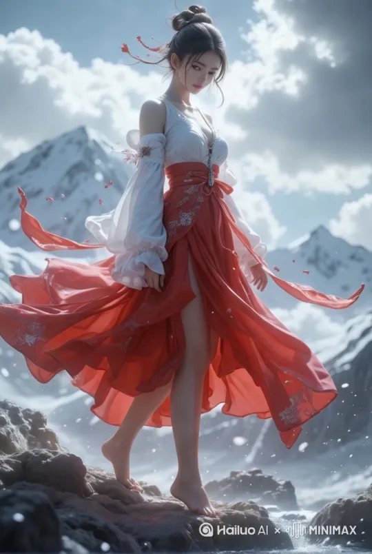 转身；眨眼；飞起来；一个女孩在，在雪山上行走；镜头旋转跟随；镜头聚焦胸部； by Hailuo AI Video Generator