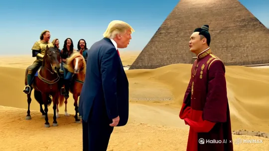 特朗普与唐太宗在金字塔前吵架，旁边骑马的亚历山大大帝和成吉思汗在笑着看他们，沙漠背景 by Hailuo AI Video Generator