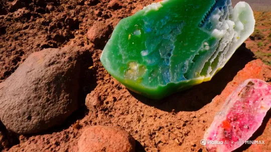 非洲翠来自非洲南部的巴伯顿·玛空瓦山脉,那里是地球生物的“生命之源”。它是隐晶质 - 显晶质的高端石英质玉 ,摩氏硬度达到7 ,密度2.75 ,主要化学成分为SiO2 ,稳定性超强,日常佩戴完全不用担心受损 。它颜色丰富,以绿色、白色为主,红色、黄色、黑色、粉色稀缺,帝王绿、玻璃种、冰飘花等品种,更是美得让人移不开眼,观赏和收藏价值双双拉满 。在光照下,其绿色还会透出特殊蓝色调,更显明艳动人,是大自然亲手打造的艺术品 。 by Hailuo AI Video Generator