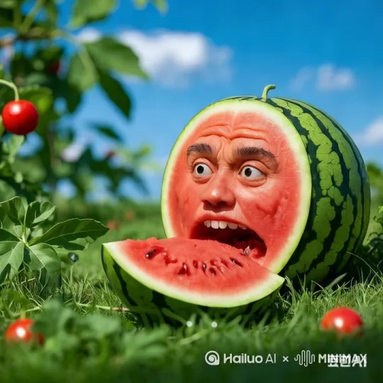 西瓜人正在吃西瓜，忽然他自己裂掉了，许多鸟飞下来啄食他 by Hailuo AI Video Generator