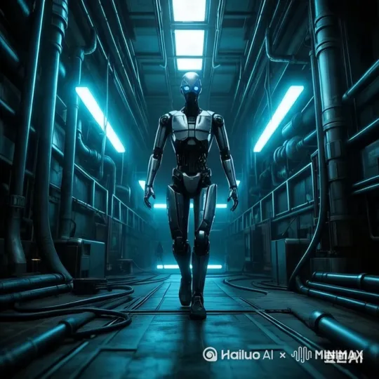 [左移,上升]机器人快速奔跑，跳跃翻滚，视频3倍速，灯光闪烁 by Hailuo AI Video Generator