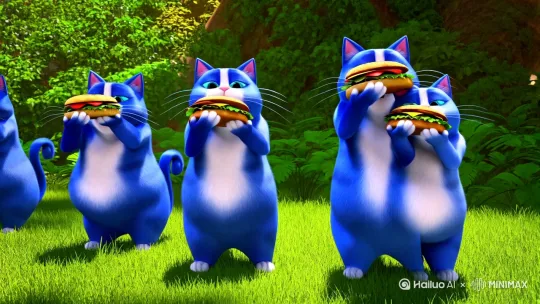 一只一只蓝色且很胖的猫咪在森林里面吃汉堡。 by Hailuo AI Video Generator