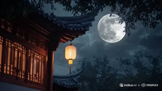 灯笼摇曳，镜头中心聚焦到月亮，月亮慢慢放大[变焦推进,推进] by Hailuo AI Video Generator