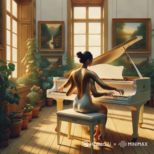 ### 1. **人物**：
   - **外貌与装束**：
     - 这位年轻的女性拥有四只手，且各自有正常人的五只手指，这使她能够同时进行复杂的钢琴演奏，展现出一种超现实的美学。
     - 她背对着镜头，坐在一架白色三角钢琴前，专注于她的演奏。
     - 她的四只手在琴键上灵活地舞动，演奏出美妙的旋律。
     - 她的两只脚优雅地踩踏着钢琴的踏板，精准地控制着音量和音色。
     - 她身穿一件淡肉色的连身泳衣，这件泳衣紧贴她的身体，展现出她姣好的身材，同时也为整个画面增添了一丝活力和时尚感。
   - **姿态与动作**：
     - 她的姿态优雅而专注，四只手的协调动作显示出她高超的演奏技巧。
     - 她的身体微微前倾，沉浸在音乐的世界中。

### 2. **钢琴**：
   - **外观与状态**：
     - 钢琴是一架白色的三角钢琴，优雅而现代，与女性的装束形成一种和谐的对比。
     - 钢琴的琴盖打开，内部的琴弦和音板在阳光的照射下闪闪发光，增添了画面的视觉吸引力。
   - **声音与氛围**：
     - 钢琴的声音在画廊中回荡，与阳光和艺术作品共同营造出一种宁静而又充满活力的氛围。

### 3. **环境**：
   - **空间与光线**：
     - 场景发生在一间有窗的画廊，阳光从侧面斜照进来，给整个场景增添了一种温暖和宁静的氛围。
     - 画廊的空间宽敞，墙壁上可能挂着一些艺术作品，这些作品与钢琴和演奏者形成一种艺术上的呼应。
   - **装饰与布置**：
     - 画廊的墙壁可能是白色的，与白色的钢琴相得益彰。
     - 艺术作品可能是抽象画或现代雕塑，与四手演奏者的超现实特质相呼应。

### 4. **氛围**：
   - **情感与感觉**：
     - 整个场景充满了艺术和音乐的氛围，阳光的照射和画廊的环境给人一种宁静而又充满活力的感觉。
     - 四只手的演奏者象征着一种超现实的美学和无限的可能性，激发观众的想象力和好奇心。
   - **视觉与听觉的结合**：
     - 画面不仅仅是视觉上的享受，更是一种听觉的盛宴。音乐与艺术作品的结合，传达了音乐和视觉艺术之间的深刻联系。

这幅画面通过细节的描绘，展现了一个充满奇幻和艺术感的场景，传达了一种超现实的美学和音乐与艺术之间的深刻联系。 by Hailuo AI Video Generator