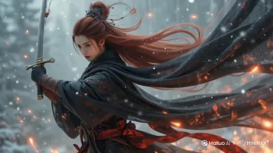风吹动的她的长发很衣裙，她微微张开眼，转过身，[变焦推进]雪花飘落，举起了手中的剑，树在摇晃，[右移,左摇,跟随] 电影画质， by Hailuo AI Video Generator
