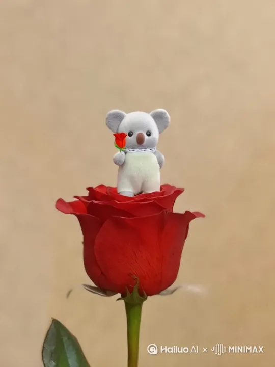 主角是个灰色的考拉玩偶站在玫瑰花上。主角长出五颜六色的小翅膀，在玫瑰花上飞来飞去 by Hailuo AI Video Generator