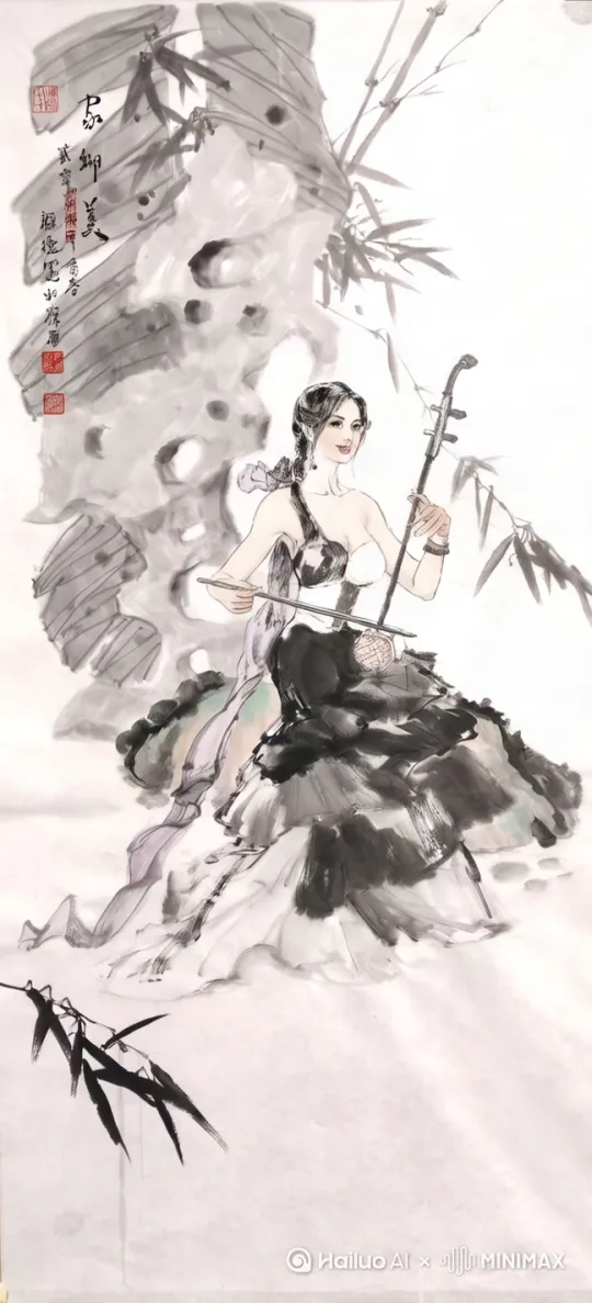 人物徐徐拉动琴弦，载歌载舞 by Hailuo AI Video Generator
