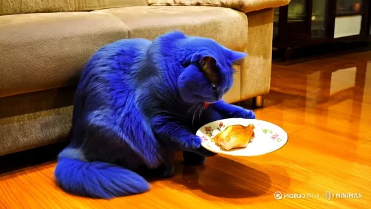 场景客厅，生成一个蓝色的胖猫，在沙发旁边端起盘子，盘子里有鸡肉鸡肉，捧在手里吃的视频 by Hailuo AI Video Generator