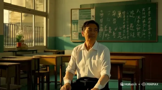 男人弯腰从地上拿起一把木吉他，深情款款地边弹边唱，仿佛回到了当年的校园时光 by Hailuo AI Video Generator