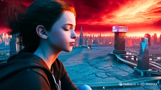 [画面主体]  
"A lonely young person sitting on the edge of a skyscraper rooftop, calm facial expression, gazing into the distance, wind blowing through hair, wearing a dark hoodie and jeans. The sky is blood-red with swirling dark clouds, cinematic lighting."  
（孤独的年轻人坐在摩天大楼边缘，表情平静凝望远方，风吹动头发，身穿深色连帽衫和牛仔裤。天空呈血红色，乌云翻涌，电影感光线）  

[背景崩塌特效]  
"Behind the person, a hyper-realistic futuristic city is collapsing: skyscrapers exploding into debris, ground cracking with glowing lava, bridges snapping and falling into abyss, holographic billboards flickering with error messages. Ultra-detailed 3D rendering, Unreal Engine style, dynamic camera angles."  
（人物身后，超现实的未来城市正在崩塌：摩天楼炸裂成碎片，地面裂开渗出熔岩，桥梁断裂坠入深渊，全息广告牌闪烁故障信息。超精细3D渲染，虚幻引擎风格，动态镜头角度）  

[镜头运动]  
"Start with a close-up of the person's profile, then slowly pull back to reveal the collapsing city in the background. Final shot tilts upward to show the entire skyline disintegrating into black dust, leaving only the person's silhouette."  
（从人物侧脸特写开始，缓慢拉远镜头展现背后崩塌的城市，最终镜头上摇至天际线瓦解成黑色尘埃，仅剩人物剪影）  
"Cyberpunk dystopia, hyper-detailed destruction physics, slow-motion debris explosion, volumetric smoke and fire, cinematic color grading: cold blue tones on the person vs warm orange-red tones on the collapsing city. Inspired by the movie 'Blade Runner 2049' and '2012' disaster scenes."  
（赛博朋克反乌托邦，超精细物理破坏效果，慢镜头碎片爆炸，体积烟雾与火焰，电影级调色：人物冷蓝色调 vs 崩塌城市橙红色调。灵感来自《银翼杀手2049》和《2012》灾难场景）  
- 添加粒子特效："Flying glass shards reflecting red light, ash particles floating in the air"  
（飞溅的玻璃碎片反射红光，灰烬颗粒悬浮空中）  
- 物理模拟："Buildings collapsing in sequential order from far to near, shockwave ripples visible on the ground"  
（建筑由远及近依次崩塌，地面可见冲击波纹）  
- 情绪符号："A dying smartphone on the rooftop showing a last message 'Goodbye' before screen cracks"  
（天台上一部濒死的手机屏幕碎裂前显示最后消息“再见”）  
"Avoid cartoonish style, avoid zombies/monsters, no blood or gore, no deformed hands, no blurry background, no unrealistic floating objects, no over-saturated colors."  
（避免卡通风格，禁止出现僵尸/怪物，无血腥，无畸形手部，背景不模糊，无 by Hailuo AI Video Generator