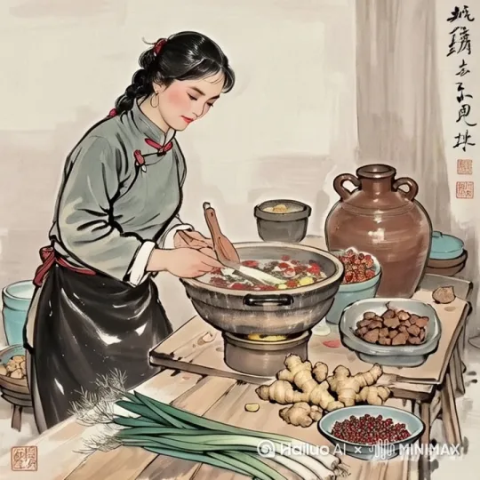 女人搅拌锅子里面的汤，然后开始拿起大葱花椒和生姜，在择菜 by Hailuo AI Video Generator
