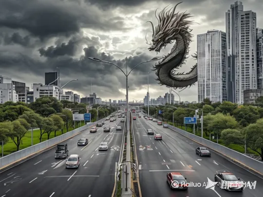 一张城市道路的宽幅照片，天空阴沉，道路上车流穿梭，两旁分布着树木和高楼建筑，在天空的上方有一条气势磅礴的龙在飞舞，同时喷火烧毁建筑，龙身细节丰富，鳞片闪烁着微光 。 by Hailuo AI Video Generator