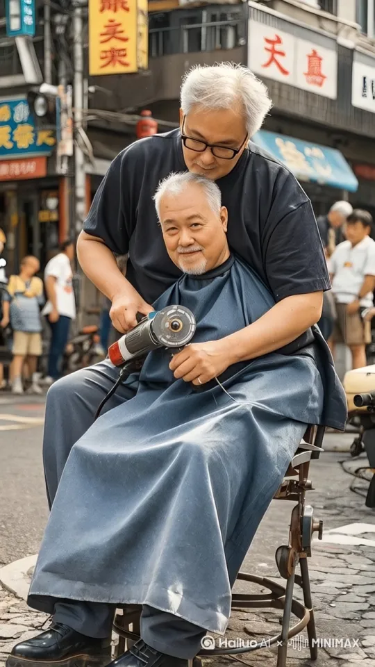 大爷拿着角磨机表情严肃地仔细打磨着胖男子的头发，只见角磨机所到之处火花四溅，碎发飞舞飘落，胖男突然瞪大眼睛张大嘴，紧握双拳，紧咬嘴唇，伸出舌头，紧皱双眉，一动也不敢动，表情夸张搞笑，镜头细致捕捉胖男的脸部表情，胖男变成光头
大爷拿着角磨机表情严肃地仔细打磨着胖男子的头发，只见角磨机所到之处火花四溅，碎发飞舞飘落，胖男突然瞪大眼睛张大嘴，紧握双拳，紧咬嘴唇，伸出舌头，紧皱双眉，一动也不敢动，表情夸张搞笑，镜头细致捕捉胖男的脸部表情，胖男变成光头 by Hailuo AI Video Generator