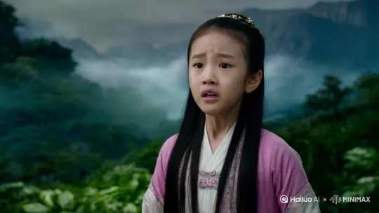 美丽的中国女孩儿，正对着观众，惊恐的盯着远处的高山。那里慢慢的盘起一条巨龙，狰狞的望着女孩。[左移,上升] by Hailuo AI Video Generator