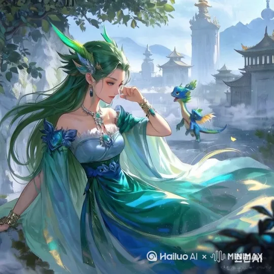 视频画面描述
 
1. 场景：画面整体营造出一种静谧悠远的仙侠意境。淡蓝色雾气弥漫的山林间，有一泓清泉，水面平静如镜倒映着周围朦胧的山峦。背后是若隐若现的陡峭悬崖，崖壁上生长着几株苍松，远处云雾缭绕，留白之处给人无限遐想。地面是哑光质感的水墨色岩石，间或有几丛淡色的仙草。
2. 人物：龙族女王站在清泉边。她头上的青绿色小犄角小巧精致，淡绿色长发如瀑布般垂落，微微遮住耳朵。大大的蓝眼睛透着温柔与和蔼，宛如一汪深邃的湖水。身上的仙女裙从孔雀绿自然渐变为淡蓝色，轻薄的材质随风飘动。流动的银金箔丝绸光影如仙气般在她身边若有若无地溢出，好似柔和的光芒。女王面带和蔼的微笑，双手微微抬起，像是在感受着自然的灵气，动作优雅而克制。
3. 光影：光线以柔和的淡蓝色为主，从斜上方洒落，勾勒出女王的身形，让哑光金属质感的配饰有淡淡的光泽，与整体低饱和度色调相融合，营造出电影般的质感。
 
音乐风格建议
 
舒缓、空灵且带有东方古典韵味的音乐风格。可以以悠扬的古筝、萧等传统乐器为主旋律，搭配轻柔的合成音效模拟云雾缭绕的氛围，音乐节奏平稳、缓慢，能够充分体现出这种克制的仙侠感和留白意境，将观众带入那个充满诗意与神秘的世界。 by Hailuo AI Video Generator