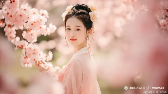 汉服少女，淡粉色汉服，长发及腰，古典发髻，碎发垂落，发髻点缀桃花，漫步桃花林，触摸花瓣，笑容，古风，治愈，画面唯美，色彩柔和，平拍视角，中景，跟随镜头，展现少女与桃花林的互动 by Hailuo AI Video Generator