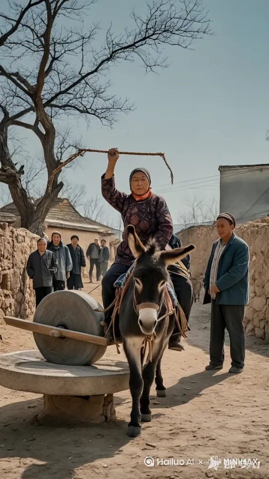 镜头移动，动态跟随，大妈使劲抽打毛驴，毛驴使劲挣扎并拉走磨盘，产生很多灰尘。  by Hailuo AI Video Generator