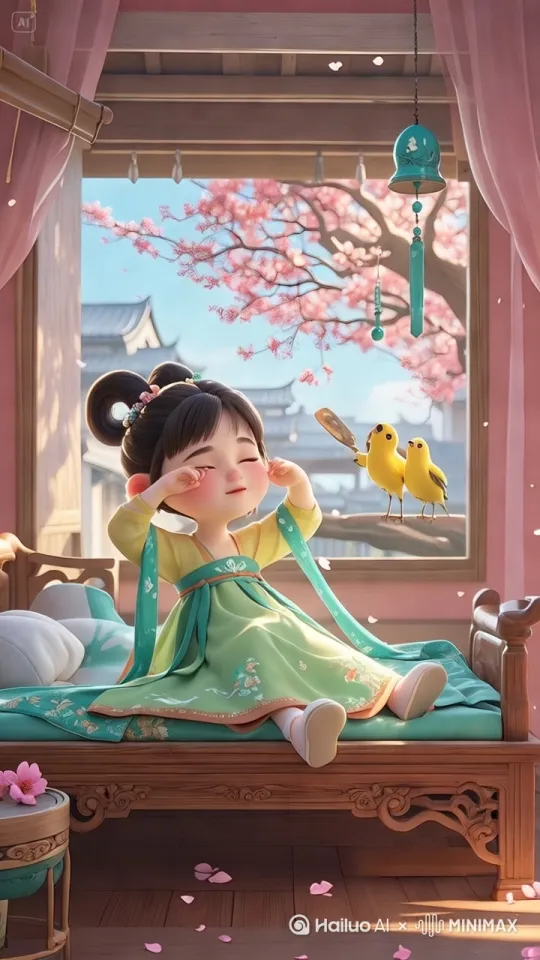 清晨阳光透过雕花窗棂，小女孩在床上伸懒腰，被窗外鸟鸣唤醒，床头摆着陶制春燕风铃，固定镜头 by Hailuo AI Video Generator