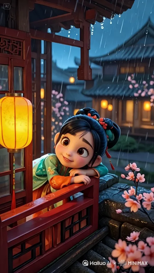 小女孩趴在雕花木窗边，看雨滴打落花瓣，灯笼在风雨中摇晃[下摇] by Hailuo AI Video Generator