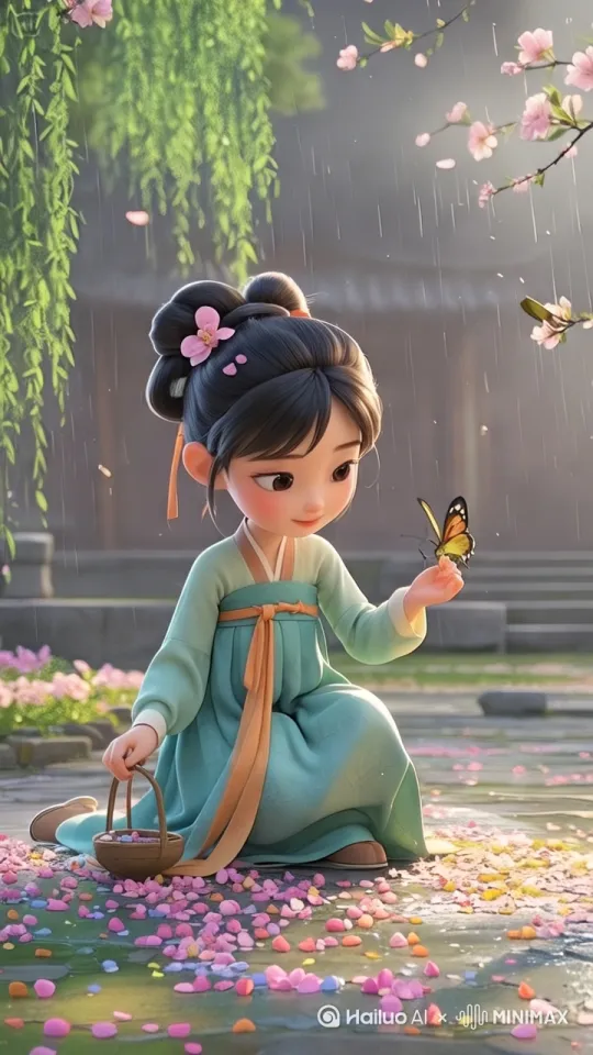 小女孩手上的蝴蝶飞走，小女孩捡落在地上的花放到篮子里，蝴蝶围绕小女孩飞舞[变焦推进,左摇] by Hailuo AI Video Generator