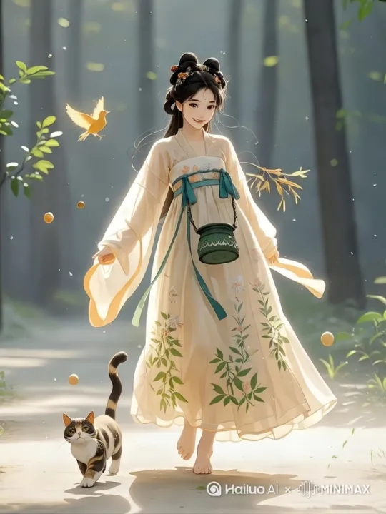 运镜，左摇右移，小鸟在飞，小猫在玩耍，小姑娘边走边跳舞 by Hailuo AI Video Generator