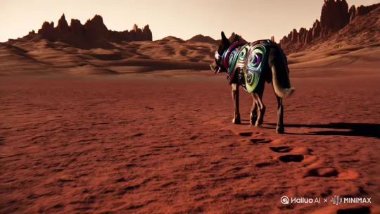 帮我生成一个狗狗戴着面具在火星上行走的视频 by Hailuo AI Video Generator