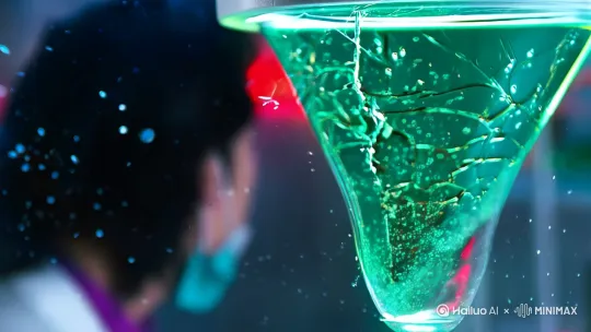 【特写开始】镜头对准试管裂缝处渗出的荧光液体，绿色光斑在试管玻璃的棱角间折射出星芒效果。随着镜头缓慢环绕试管，可见液体中悬浮的结晶颗粒与气泡持续上浮，试管外壁凝结的水珠在冷光下泛着青蓝反光。
当镜头移动至试管45度侧方位时，破裂处的玻璃曲面倒映出研究员半张苍白的脸——防护面罩下的眼睛瞳孔收缩，额角渗出细密汗珠。镜头继续后拉展现全景：布满精密仪器的实验台上，这支破裂试管正在隔离舱内持续震动，舱内弥漫的冷雾与液体荧光形成强烈的冷暖对比，警报器的红光间歇性扫过场景。 by Hailuo AI Video Generator