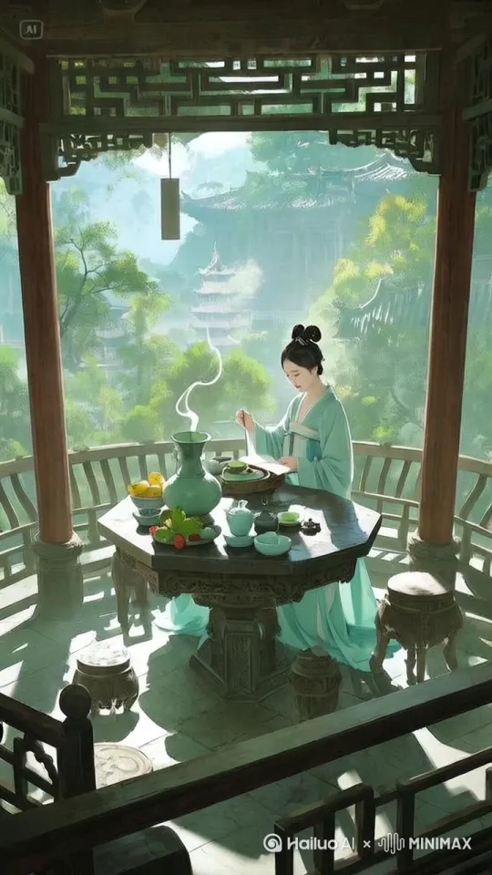 主题描述:清翠山林中的唐代风格八角古亭,亭内有雕花石桌石凳,桌上摆放青瓷茶具、果盘、青铜香炉飘着轻烟,穿淡青齐胸襦裙的知性女子手持书卷阅读 美学词:晨雾朦胧的光线,阳光穿透树叶的斑驳投影,工笔水墨与写实光影结合 专业词:超广角镜头呈现空间层次,8K超清细节,中国风胶片颗粒质感,青绿色调与暖棕木色对比构图 by Hailuo AI Video Generator