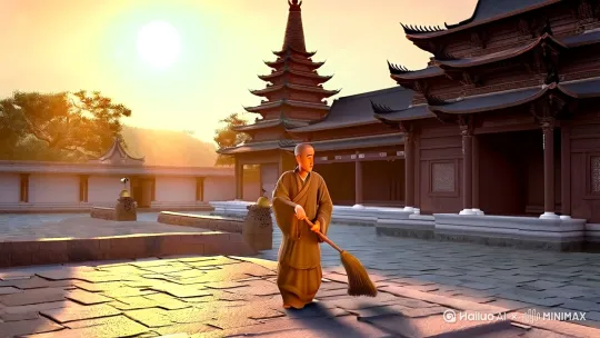 ### 30秒视频脚本：**《朱元璋当和尚的趣事》**

---

**[画面1：寺庙外景，清晨，阳光洒在古朴的寺庙上，远处传来悠扬的钟声。]**

**旁白（轻松幽默的语气）：**  
“明朝开国皇帝朱元璋，曾经也有一段‘佛系’生活。”

---

**[画面2：年轻的朱元璋，穿着破旧的僧袍，在寺庙里扫地，表情有些无奈。]**

**旁白：**  
“当年，他还是个小和尚，法号‘如净’。不过，他可不是个‘安静’的小和尚。”

---

**[画面3：朱元璋在寺庙厨房里，偷偷抓起一个馒头，塞进嘴里，结果被老和尚发现。]  
（音效：老和尚的咳嗽声）**

**旁白（调侃地）：**  
“据说，他最爱在厨房偷吃，还总被师父抓个正着。”

---

**[画面4：朱元璋在寺庙院子里，和其他小和尚们一起练武，动作夸张搞笑。]**

**旁白：**  
“虽然当和尚，但他可没少练武，说不定那时候就练就了一身‘帝王之气’。”

---

**[画面5：朱元璋坐在寺庙台阶上，手里拿着一本经书，却偷偷打瞌睡。]**

**旁白（幽默地）：**  
“经书太枯燥，不如打个盹，梦回未来，看看自己当皇帝的样子。”

---

**[画面6：朱元璋站在寺庙门口，望着远方，眼神坚定。]**

**旁白（语气转为庄重）：**  
“正是这段‘佛系’经历，磨炼了他的意志，为他日后开创大明王朝奠定了基础。”

---

**[画面7：寺庙全景，朱元璋的身影渐渐远去，背景音乐变得悠扬。]**

**旁白（总结）：**  
“朱元璋的和尚趣事，告诉我们：人生处处是修行，成败自在人心。”

---

**[画面8：视频结束，出现文字“朱元璋的和尚趣事，带你了解不一样的明朝开国皇帝”。]**

**旁白（轻松地）：**  
“关注我们，发现更多历史趣闻！”

---

**[视频结束，出现出品方名称(蓝冰实验室)。] by Hailuo AI Video Generator