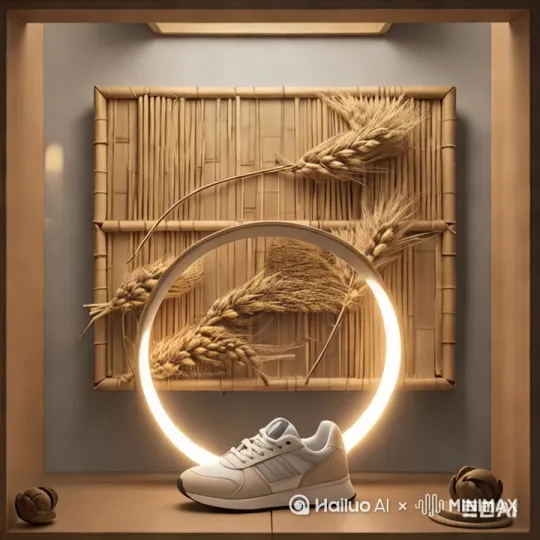 光圈从右往左快速亮起，鞋子漂浮到光圈中心点，然后倾斜15度，最后光圈和鞋一起移动到墙上方形竹编的中心位置停下来。[变焦推进,上摇] by Hailuo AI Video Generator