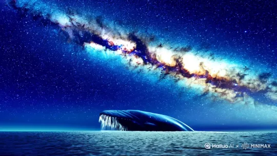 以银河为背景，在星辰大海中，一只巨鲸跃出水面，留下星光。 by Hailuo AI Video Generator