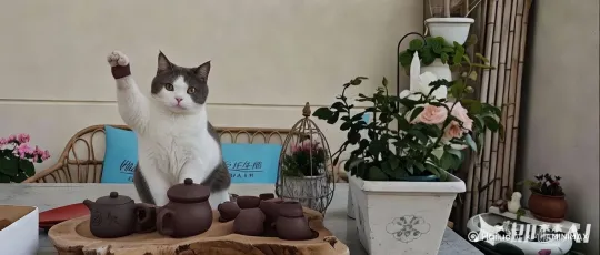 [下降,上摇]猫放下杯，[右摇,变焦推进]另一只手揭开壶盖 by Hailuo AI Video Generator