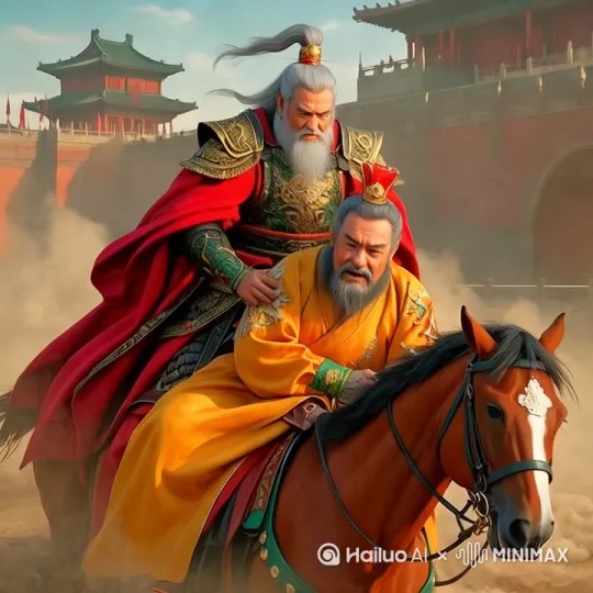 红袍将军骑战马奔腾，抓住大唐老皇帝，老皇帝明黄龙袍凌乱褶皱，被按压横趴在马背上，推搡不止，镜头跟拍，缓缓拉远。 by Hailuo AI Video Generator