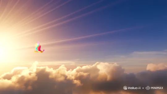 全景开场推进：以广阔天空为全景开场，阳光洒下，云朵飘逸。一只色彩绚丽如梦幻水晶的凤凰在遥远天际出现，镜头由远及近快速推进，聚焦凤凰全身，展现其由璀璨水晶构成的羽毛在阳光下折射出五彩光芒。随后环绕凤凰飞行，展示其全身细节，最后拉远，凤凰飞向悬浮着巨大水晶山的奇幻空域，周围水晶碎片漂浮。 by Hailuo AI Video Generator