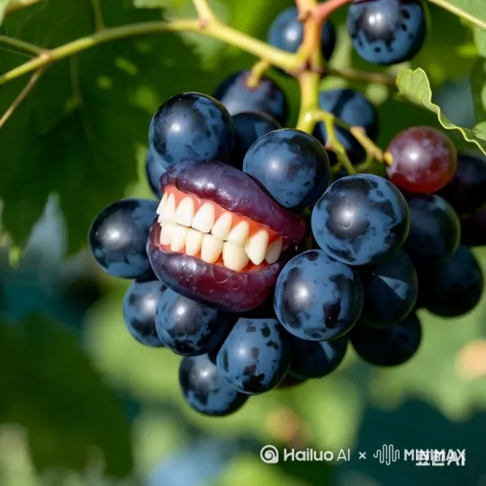 长牙的葡萄张开大嘴，从嘴中跑出了许多和它一模一样的长牙的葡萄 by Hailuo AI Video Generator