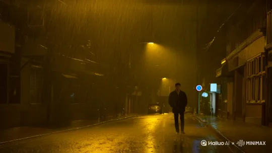 歌曲义不容情  有一个男人走午夜无人街上，大雨倾盆 by Hailuo AI Video Generator