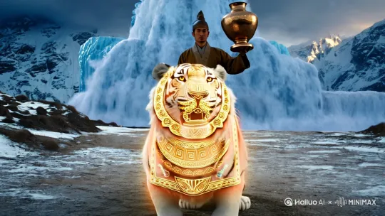 白虎化身山神:图腾投影出现在 皮毛上，男子拿着青铜祭器 背景雪崩定格为汹涌的形态，云 层透出神像轮廓 by Hailuo AI Video Generator