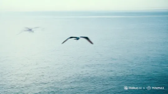 平静的海面，海鸥飞翔，电闪雷鸣，巨浪翻滚，出现哥斯拉 by Hailuo AI Video Generator